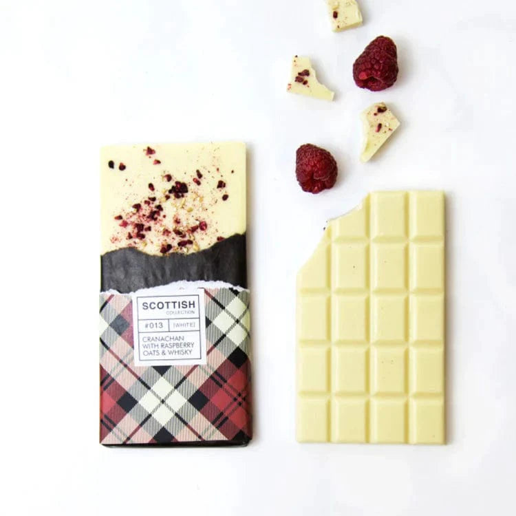 Chocoladereep Cranachan Witte chocolade met frambozen, whisky en haver - 100 gram - Handmade in Scotland by MoodCompanyNL