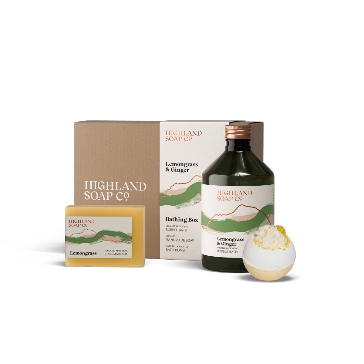 Mood Company - Luxe Badset – Badschuim, Biologische Zeep & Badbruisbal - Lemongrass & Ginger - Highland Soap Company -
