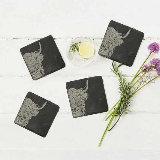 Onderzetters Schotse Hooglander - Gegraveerd - Leisteen - Just Slate Company Scotland by MoodCompanyNL
