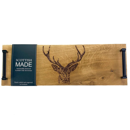 MoodCompanyNL - Serveerplank met stalen handvatten Edelhert - 45x15 - Schots Eikenhout - Scottish Made - 5060949550252