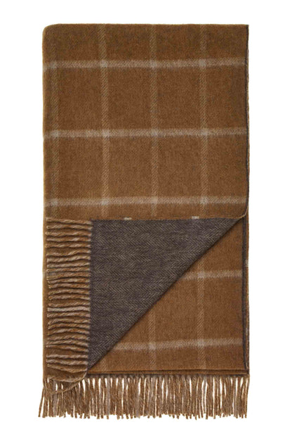 Plaid Visgraat Geblokt Camel/Chocolade - Country Side Collection - Merino Lamswol - 140x185 - Bronte by Moon Scotland