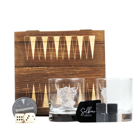 Mood Company - Geschenkset Backgammon met Glas Schotse Hooglander - Selbrae House Scotland - 5061097548320