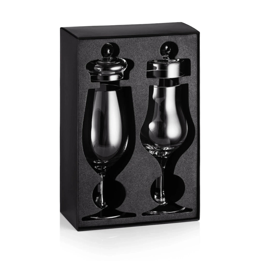 Amber Tasting Box – 2 handgemaakte whiskyglazen met deksels – Amber Glass by Mood Company