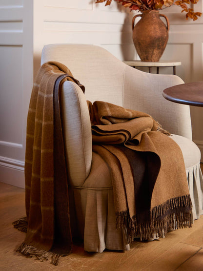 Plaid Visgraat Geblokt Camel/Chocolade - Country Side Collection - Merino Lamswol - 140x185 - Bronte by Moon Scotland