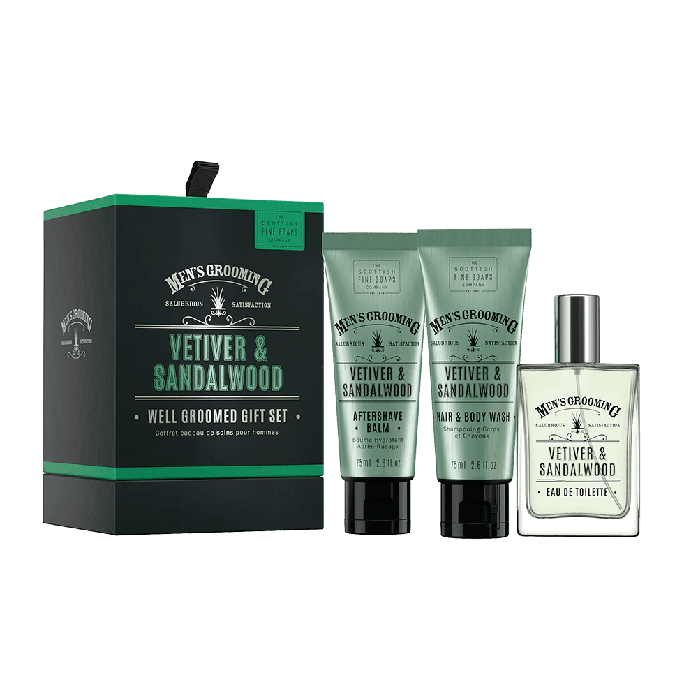 MoodCompanyNL - Cadeauset Vetiver & Sandalwood – Luxe Verzorgingsset "Well groomed" voor Heren - Scottish Fine Soaps - 5016365032131