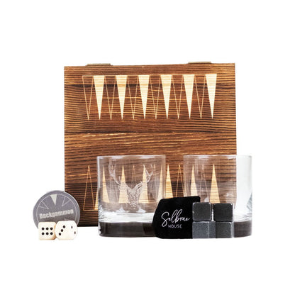 Mood Company - Geschenkset Backgammon met 2 Whiskyglazen en Whiskystenen Edelhert - Selbrae House Scotland - 5061097548344