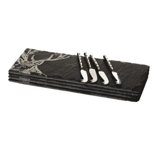 MoodCompanyNL - Kaasplankjes Edelhert - 4 stuks met mesjes - Cadeauset - Just Slate Company Scotland - 5060426288609