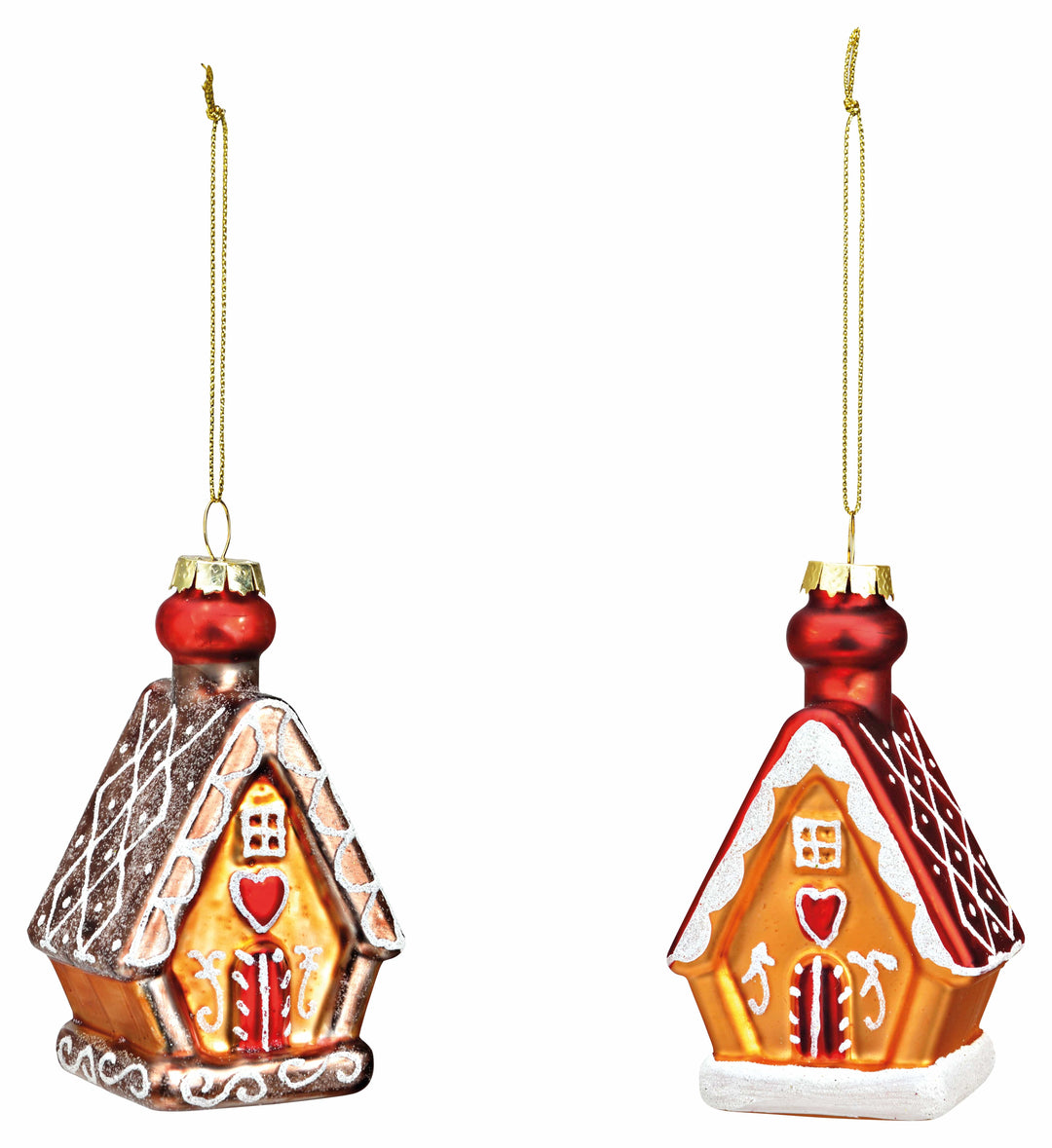 Mood_Company Kerstbal peperkoekhuisje glas bruin, rood - 2-set - 10 cm hoog