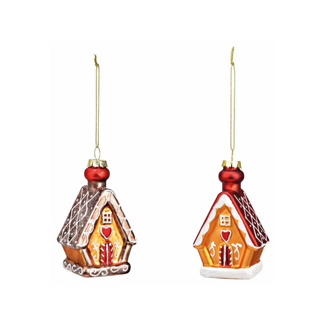 Mood_Company Kerstbal peperkoekhuisje glas bruin, rood - 2-set - 10 cm hoog