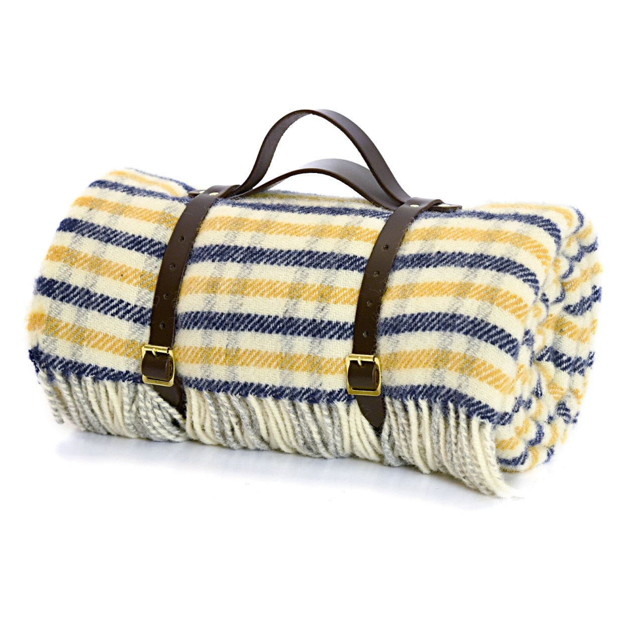 Mood_Company Picknickkleed Polo Geruit Geel blauw - Wol - Leren Draagset - Waterdicht - 145x183cm - Tweedmill