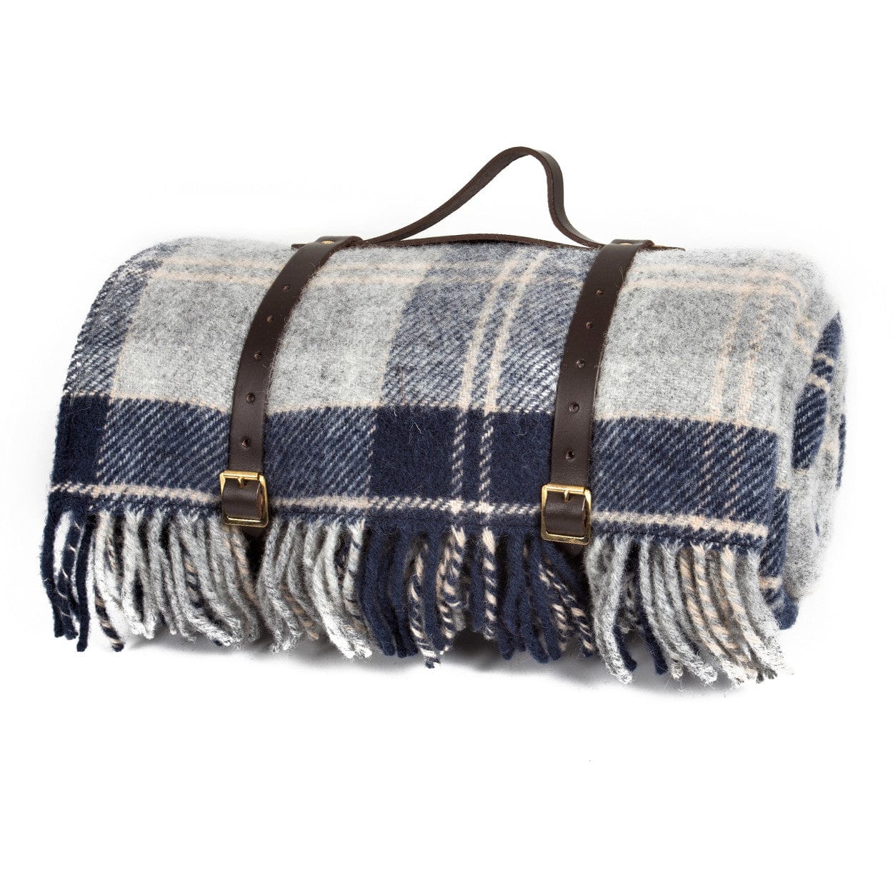 Mood_Company Picknickkleed Polo Tartan Navy Bannockbane - Wol - Leren Draagset - Waterdicht - 145x183cm - Tweedmill