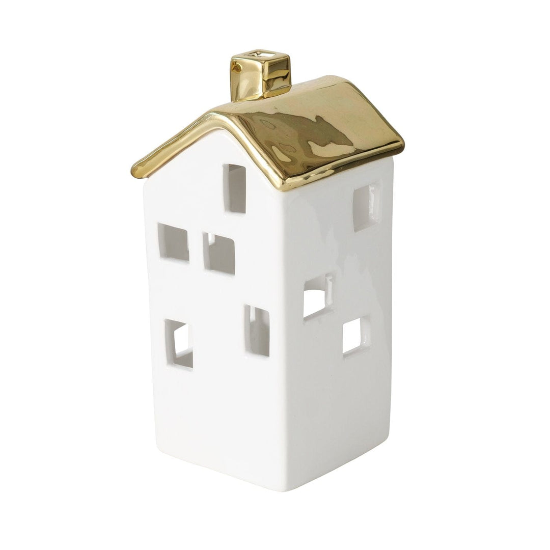 Mood_Company Theelichthouder huisje wit met goud - 2 stuks - H 15,5 cm - Boltze home