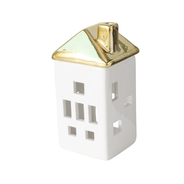 Mood_Company Theelichthouder huisje wit met goud - 2 stuks - H 15,5 cm - Boltze home