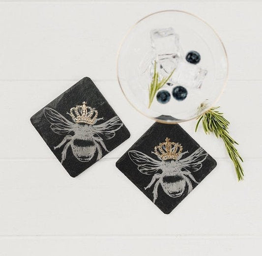 MoodCompanyNL - Onderzetters Bij met gouden kroon - Gegraveerd - Leisteen - Just Slate Company Scotland - 5060718710085
