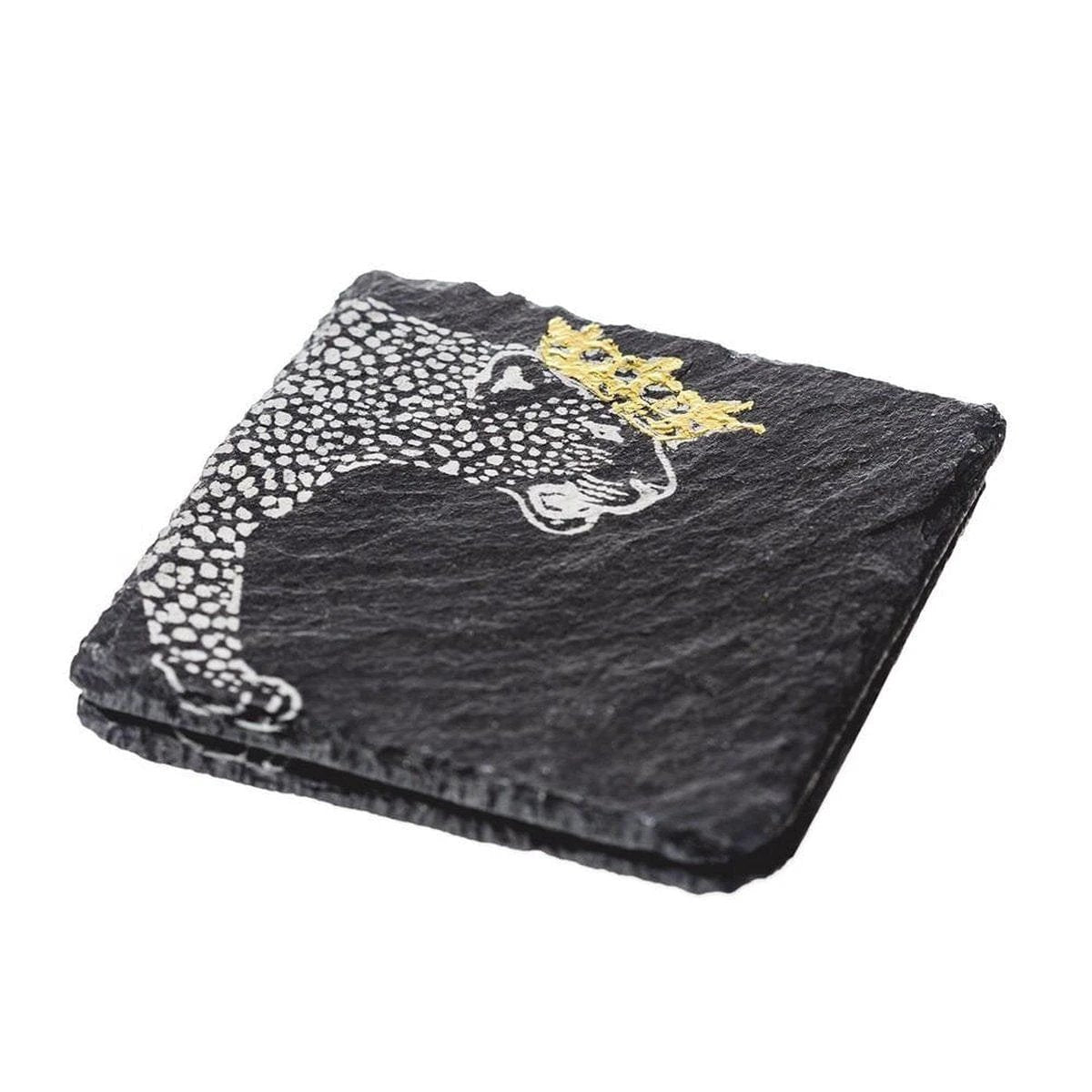 Onderzetters Leopard met gouden kroon - Gegraveerd - Leisteen - Just Slate Company Scotland by MoodCompanyNL