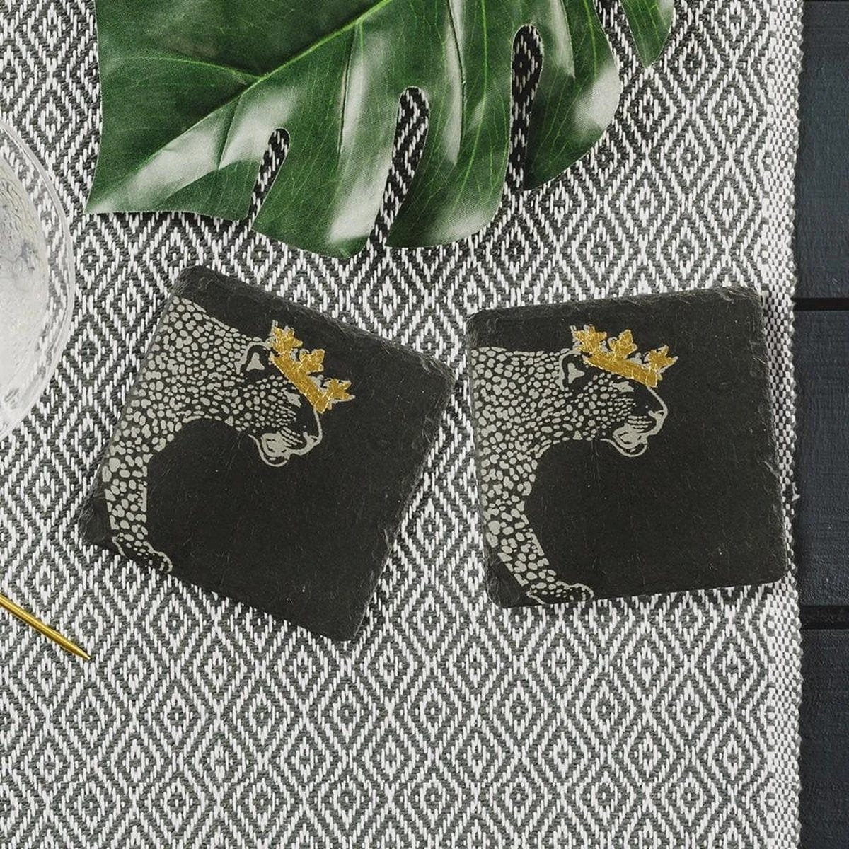Onderzetters Leopard met gouden kroon - Gegraveerd - Leisteen - Just Slate Company Scotland by MoodCompanyNL