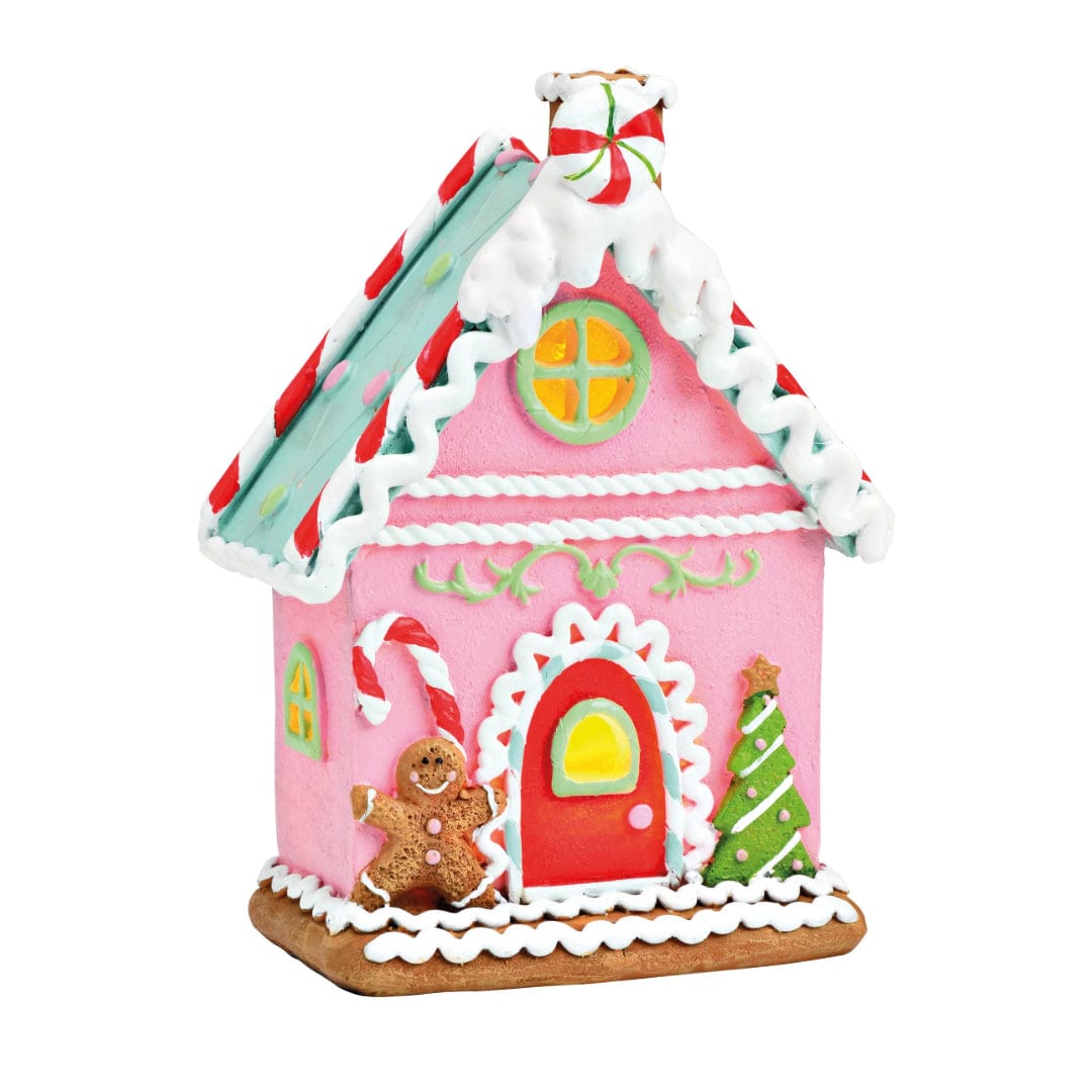 Mood Company - Peperkoekhuisje met LED - Handgemaakt - Poly - Roze - 11 x 16 x 6 cm - 4007698591977