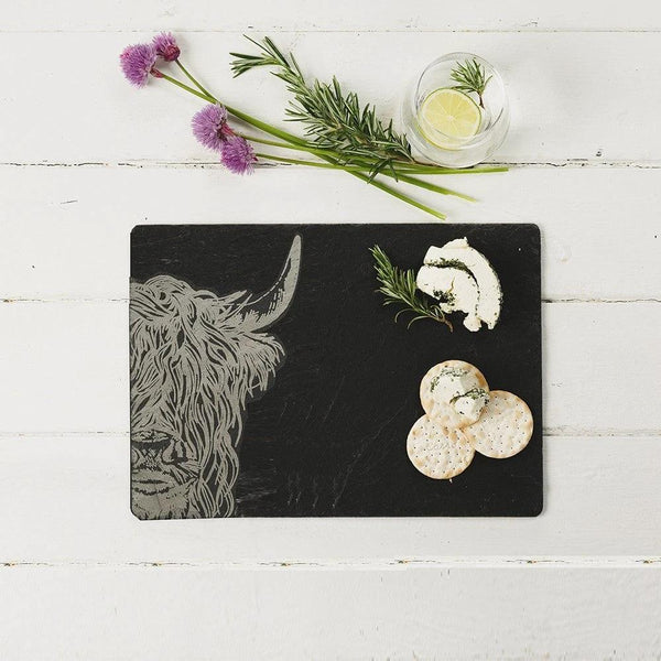 Serveerplank Schotse Hooglander - 35x25 - Gegraveerd - Leisteen - Just Slate Company Scotland by MoodCompanyNL